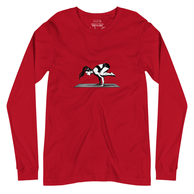 Minimalist brush pen silhouette of a female in crow pose printed on a Long Sleeve T-Shirt.