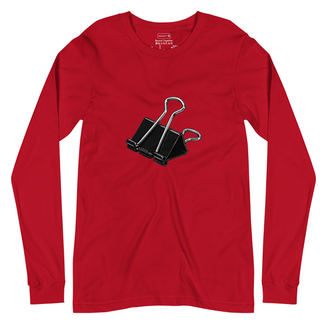 Industrial black and silver binder clip graphic in marker style on a Unisex Long Sleeve T-Shirt.