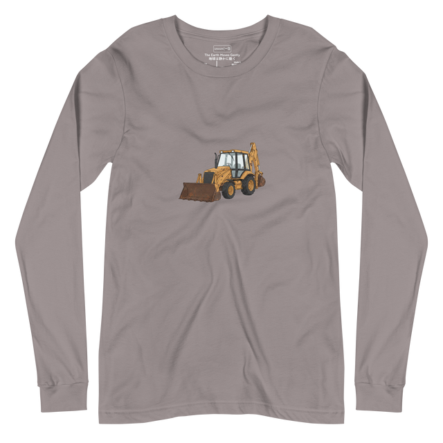 Clean line-art illustration of a backhoe on a Long Sleeve T-Shirt.
