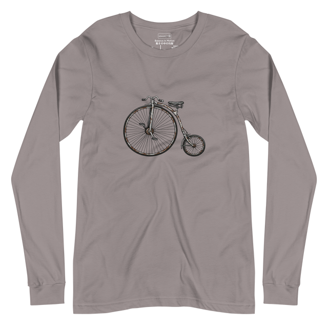 Minimalist line art illustration of a Penny Farthing high-wheel bicycle on a white Long Sleeve T-Shirt.