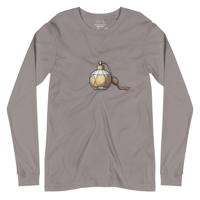 アトマイザーポンプ付きのヴィンテージ香水瓶をシンプルに描いたイラストがプリントされた長袖Tシャツ。
