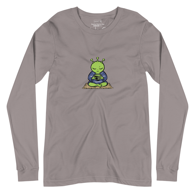 Minimalist line art illustration of a small martian sitting cross-legged holding a matcha bowl, Long Sleeve T-Shirt.