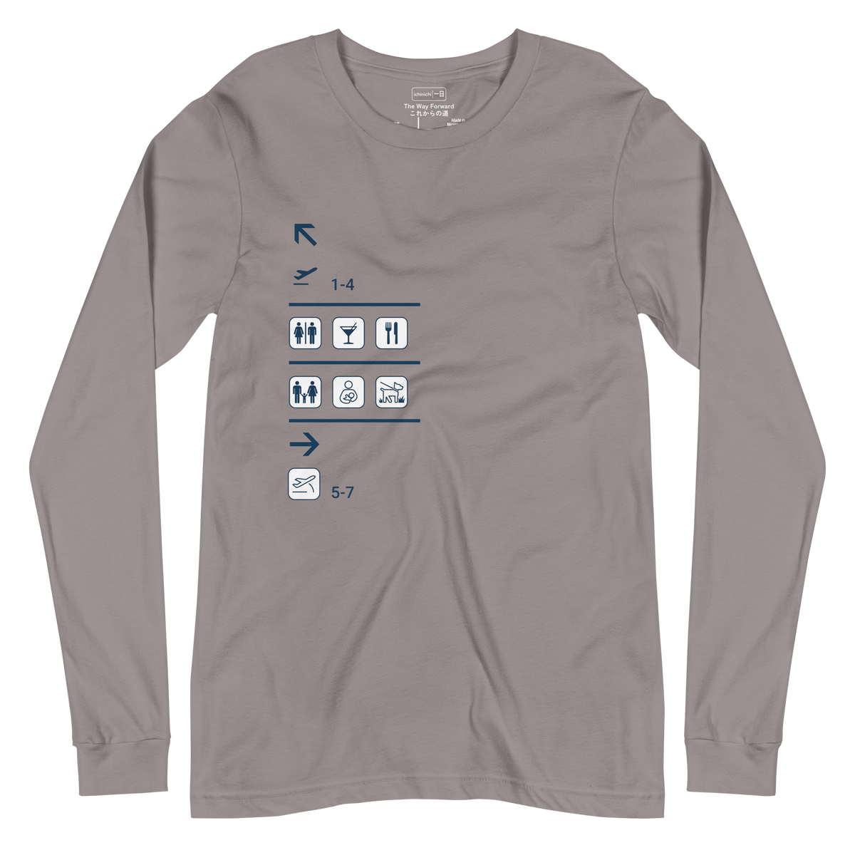 Architectural blueprint style illustration of airport terminal icons and directional signage on a Long Sleeve T-Shirt.