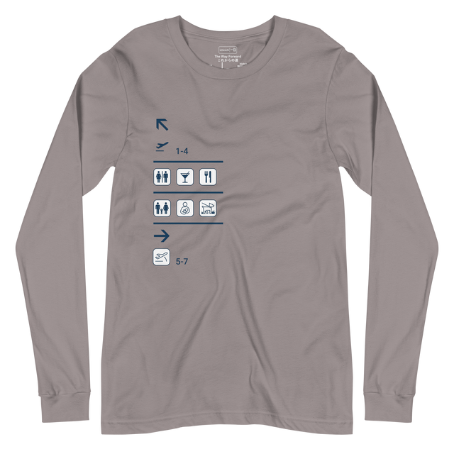 Architectural blueprint style illustration of airport terminal icons and directional signage on a Long Sleeve T-Shirt.