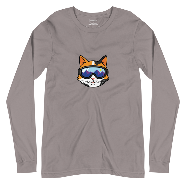 Marker art of a calico cat head in black ski goggles reflecting blue and purple mountains on a Long Sleeve T-Shirt.