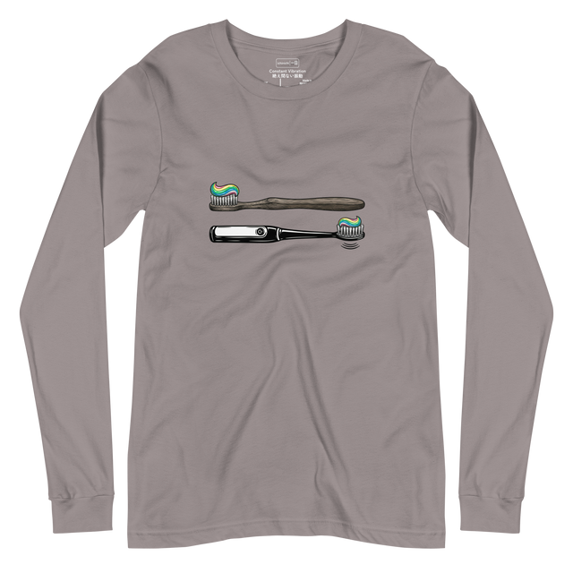 Technical illustration showing toothbrush evolution in black ink on a Long Sleeve T-Shirt.
