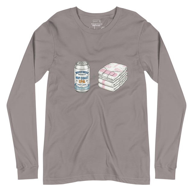 Textured color pencil graphic of a beer can and diaper on a Long Sleeve T-Shirt.