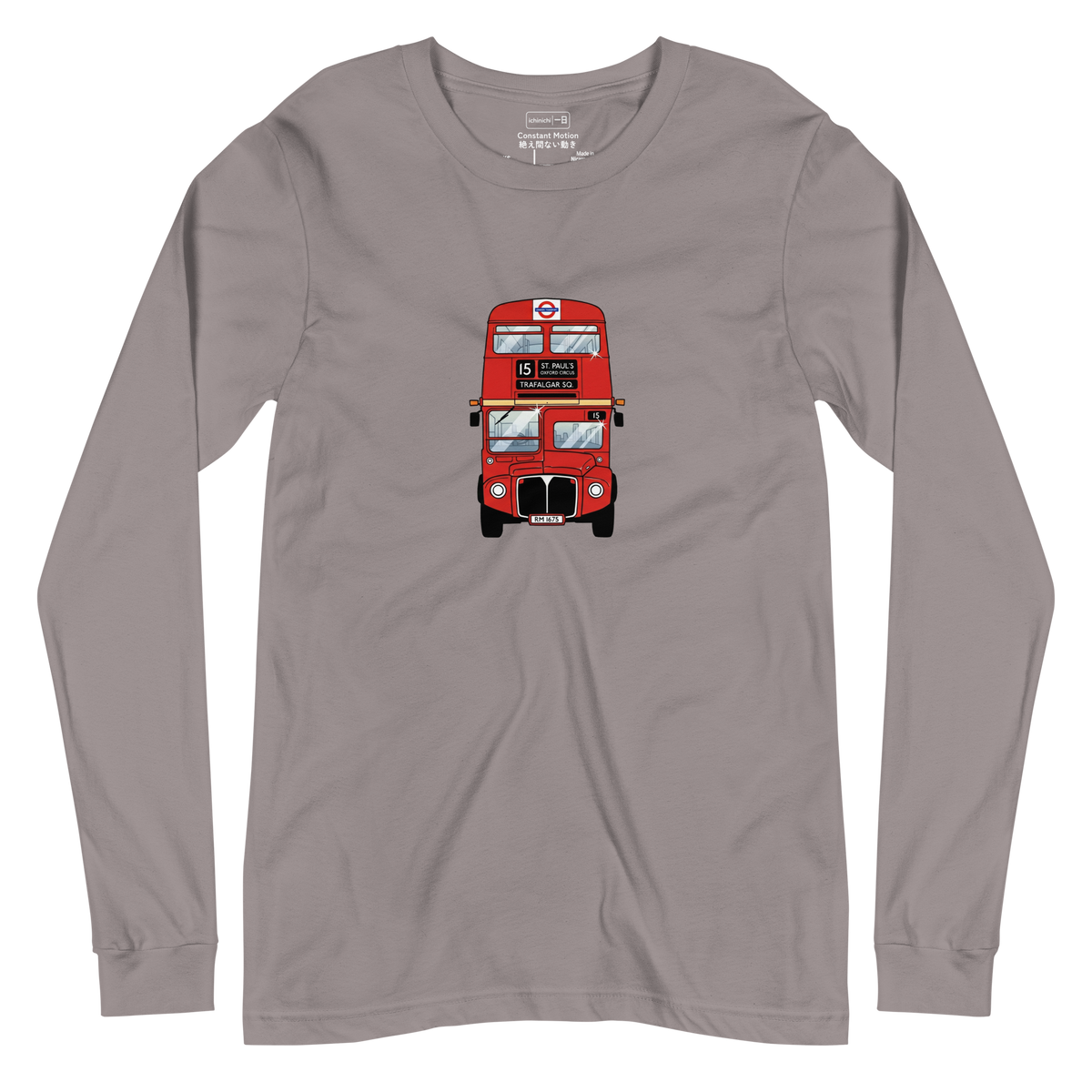 Front view marker illustration of a red London double decker bus on a long sleeve t-shirt.