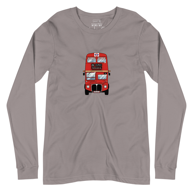 Front view marker illustration of a red London double decker bus on a long sleeve t-shirt.