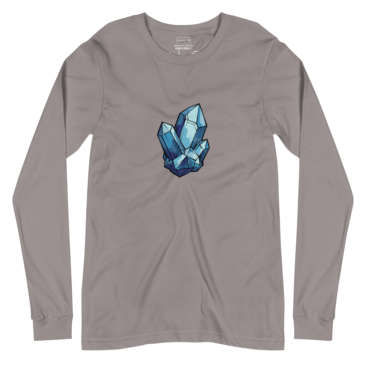 Sharp blue quartz crystal illustration in ink wash style on a long sleeve t-shirt.