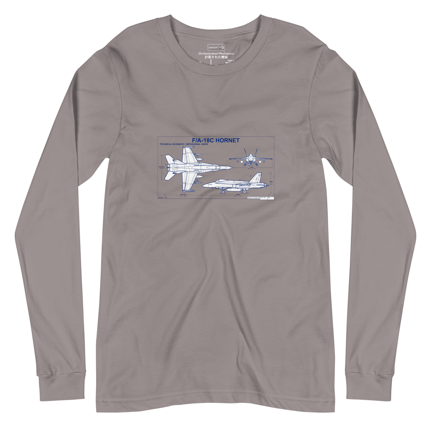 White line architects blue print schematic of an F/A-18 fighter jet on a Long Sleeve T-Shirt.
