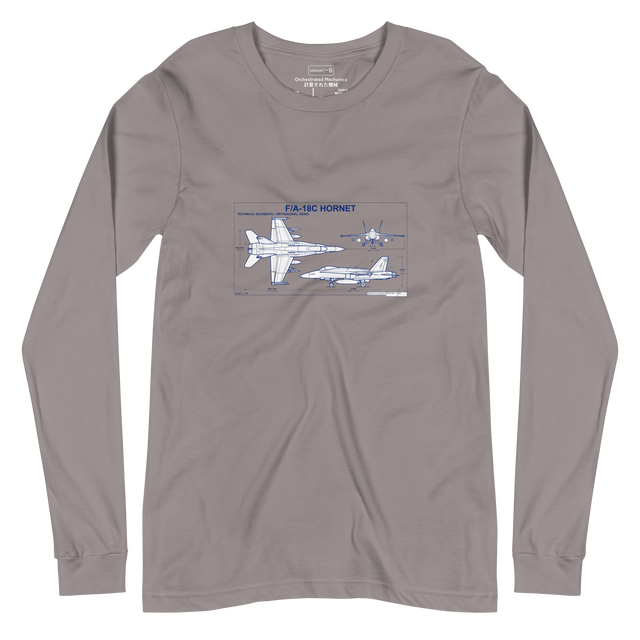 White line architects blue print schematic of an F/A-18 fighter jet on a Long Sleeve T-Shirt.