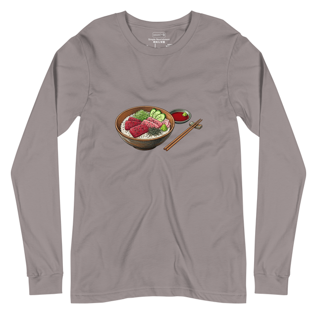Detailed stippling art of a Japanese sashimi bowl on a long sleeve t-shirt.