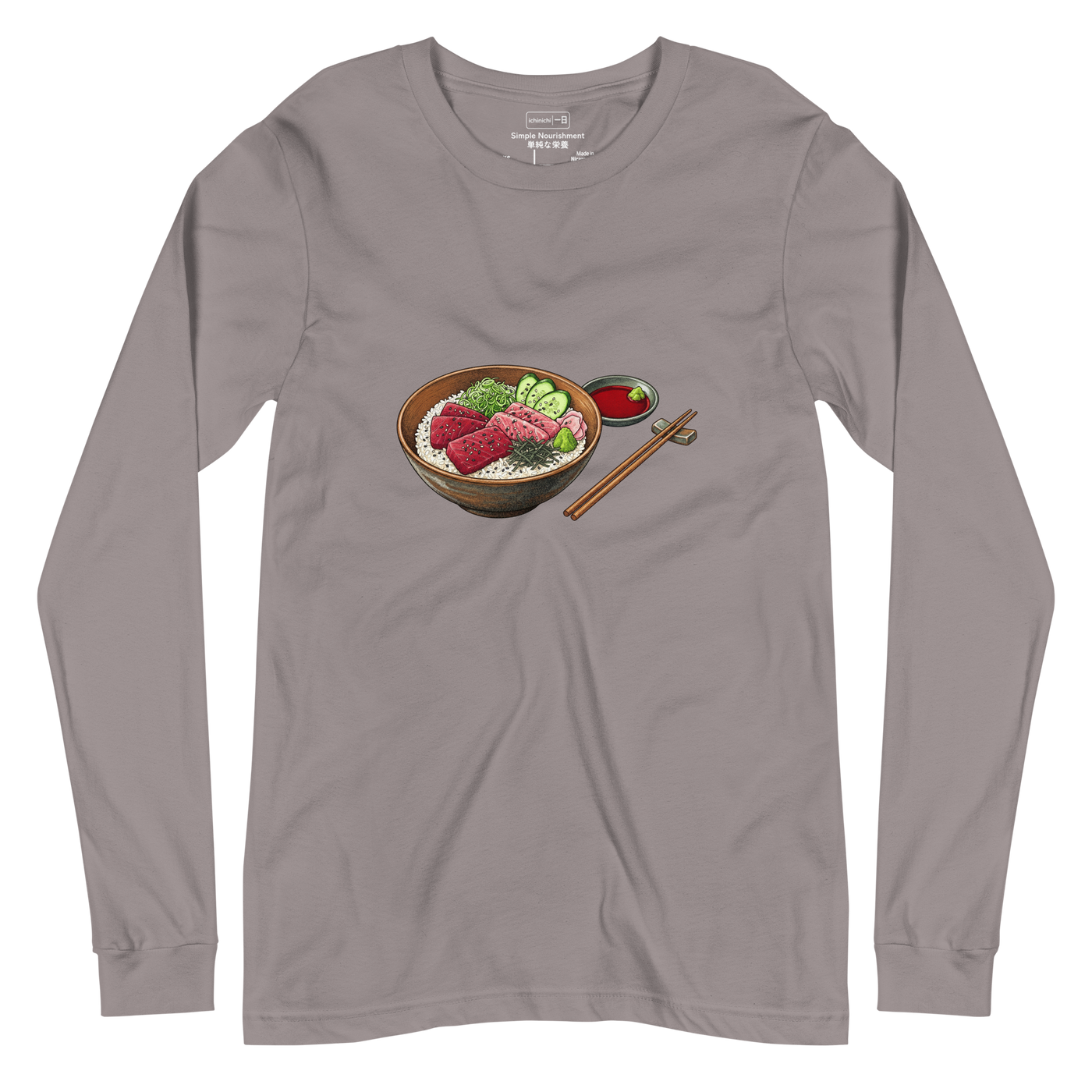 Detailed stippling art of a Japanese sashimi bowl on a long sleeve t-shirt.