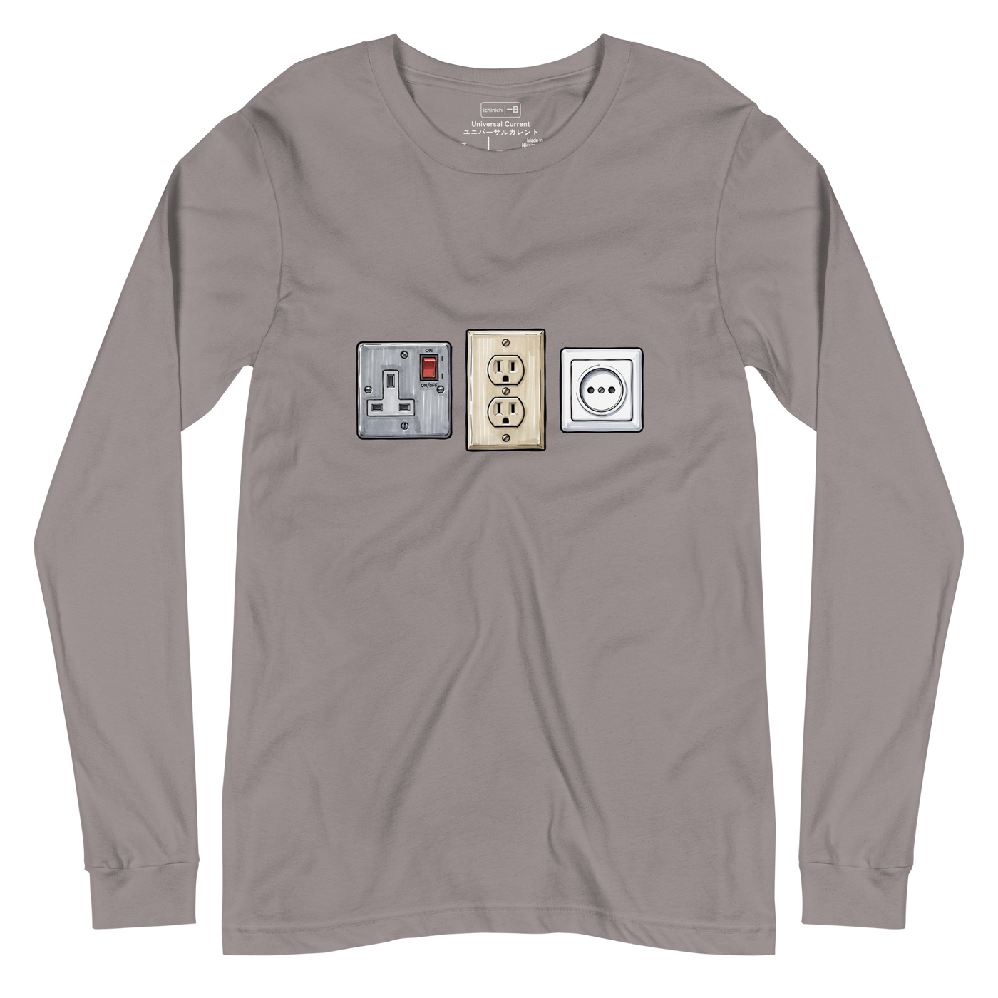 Technical marker drawing of three international power outlets on a Long Sleeve T-Shirt.