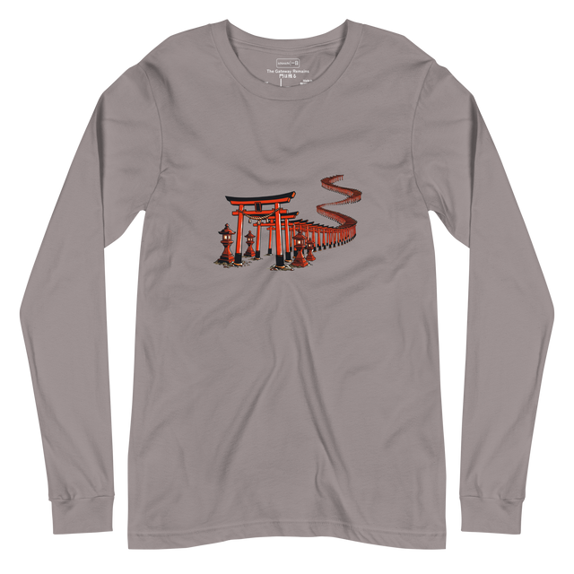 A professional digital illustration of red and orange torii gates in clean paint brush style on a Long Sleeve T-Shirt.