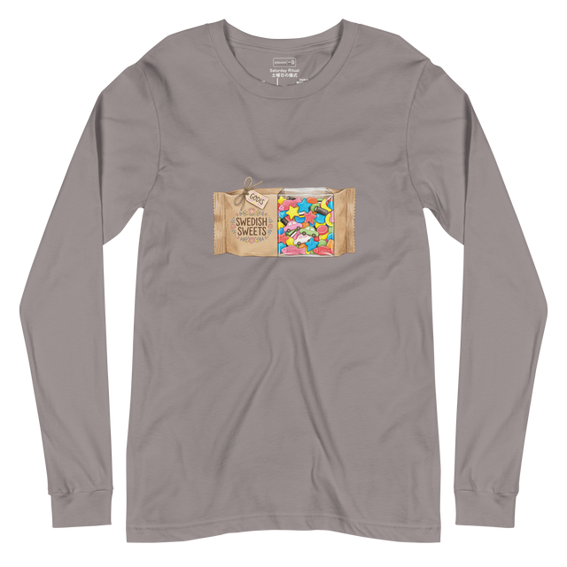 Hand-drawn color pencil illustration of a Swedish candy bag tagged Godis showing colorful candy on a Long Sleeve T-Shirt.