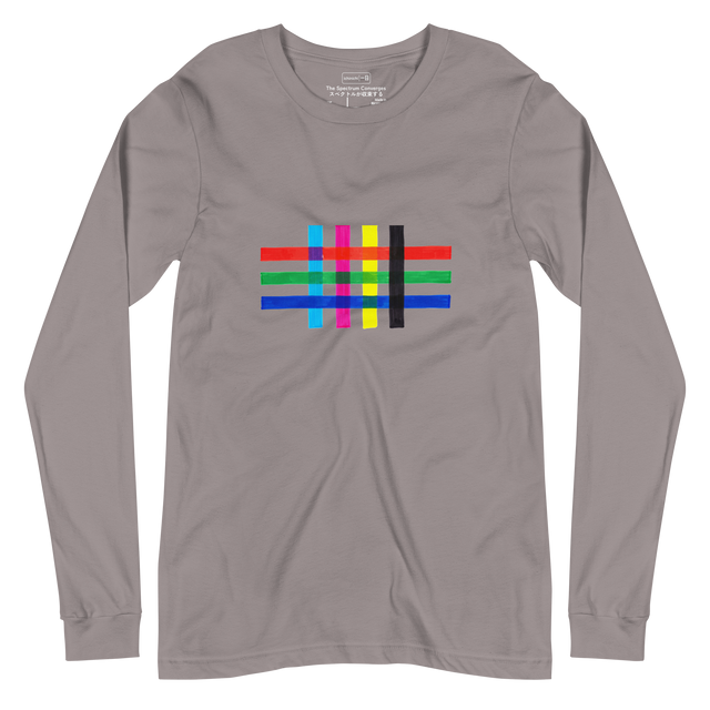 Minimalist long sleeve t-shirt featuring intersecting CMYK and RGB stripes with halftone blending patterns.