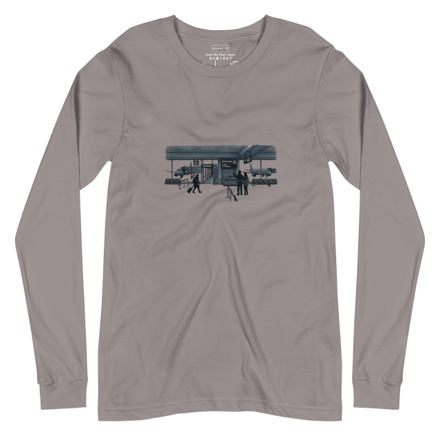 Two distant silhouettes at a departure gate drawn in cross-hatch ink on a unisex Long Sleeve T-Shirt.