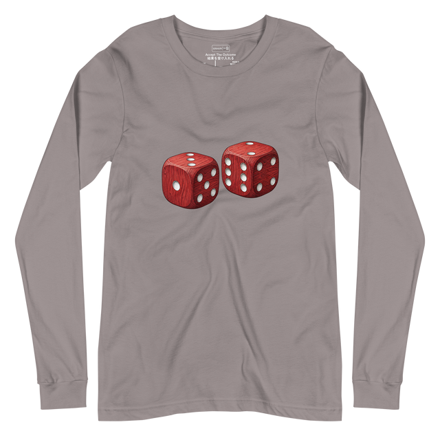 Red Dice long sleeve t-shirt featuring a high-contrast stippled illustration of two wooden dice.