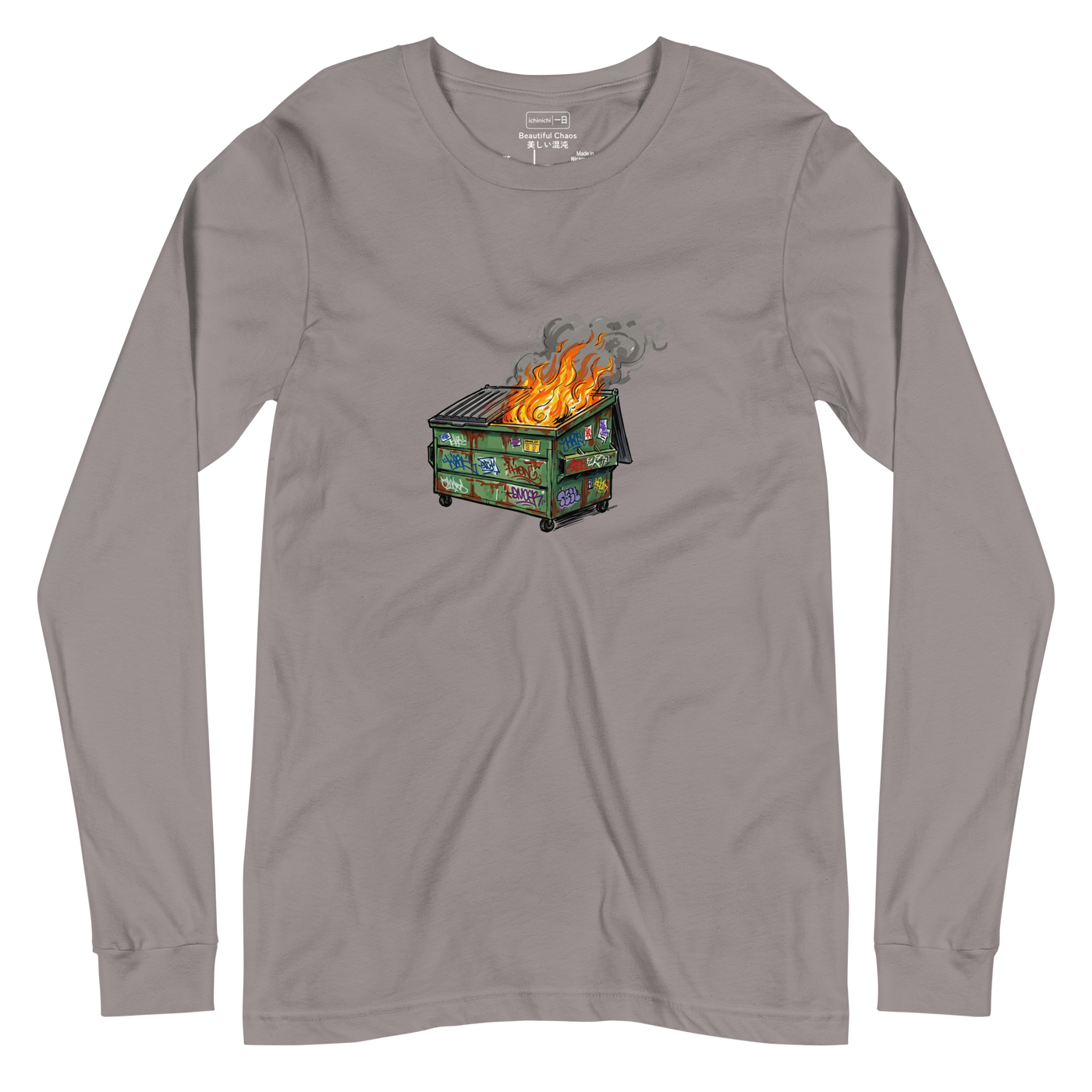 A minimalist Long Sleeve T-Shirt featuring a raw marker illustration of a green commercial dumpster with rust and graffiti engulfed in fire.