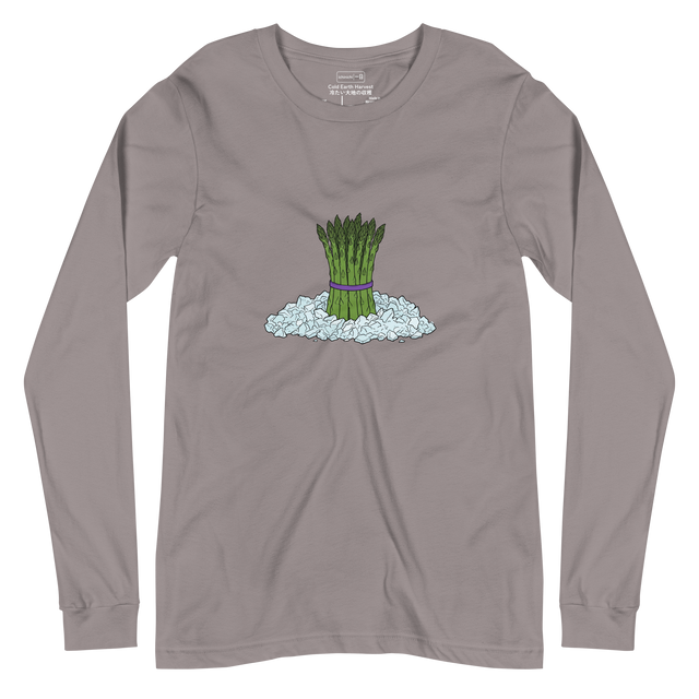 Hand-drawn colored pencil illustration of green asparagus in crushed ice with purple band, long sleeve t-shirt.
