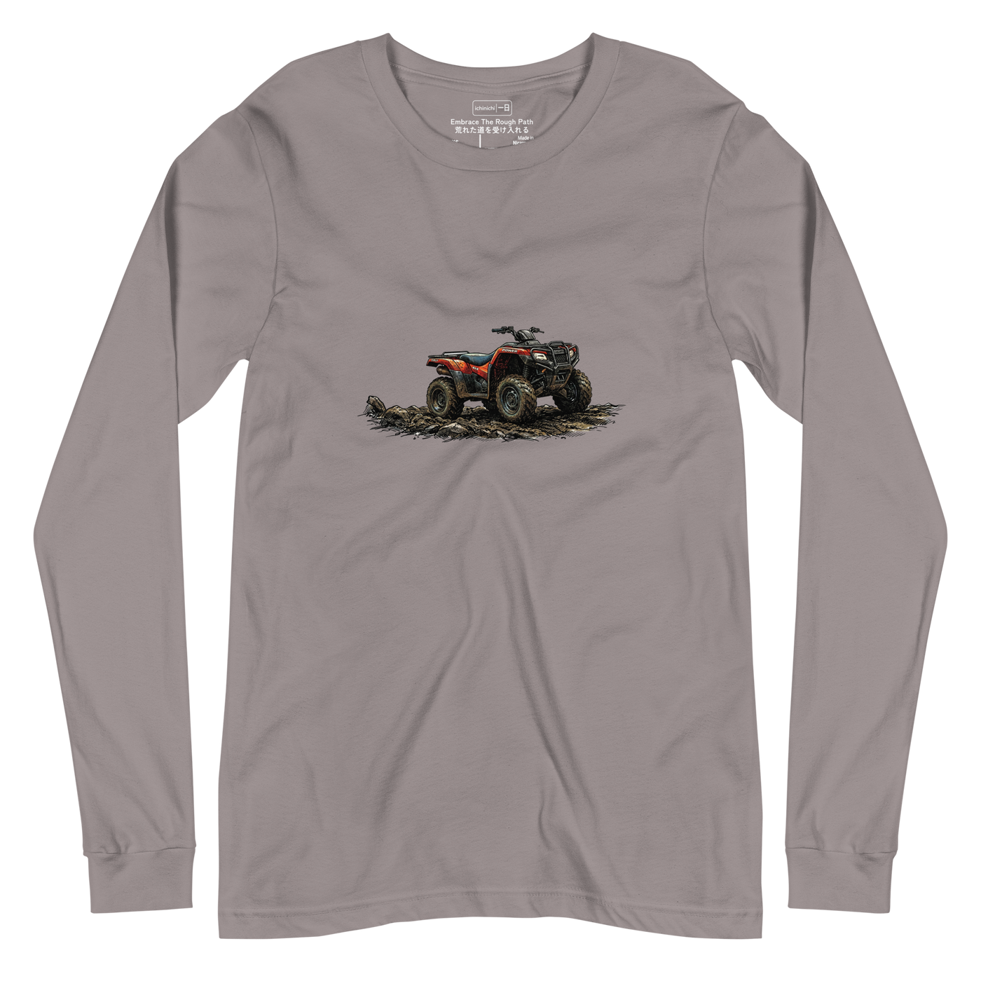 Colorful cross-hatch ink illustration of an ATV driving through mud on a Long Sleeve T-Shirt.