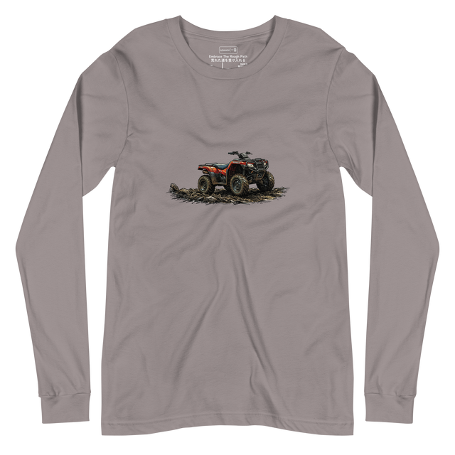 Colorful cross-hatch ink illustration of an ATV driving through mud on a Long Sleeve T-Shirt.