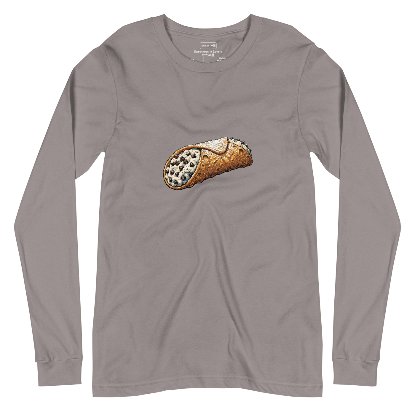 A detailed cross-hatch ink illustration of a chocolate chip cannoli on a unisex Long Sleeve T-Shirt