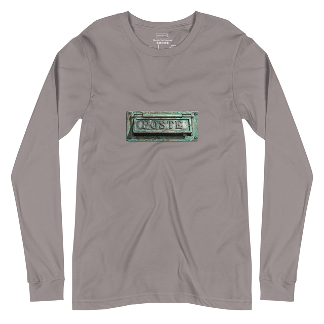 Vintage bronze POSTE mail slot with stippling effect on long sleeve t-shirt.