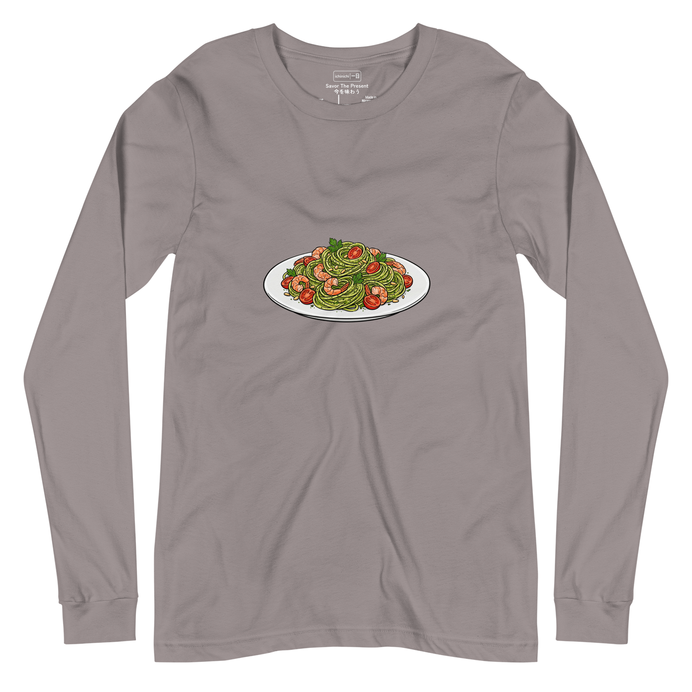A grey Long Sleeve T-Shirt featuring a clean paint brush illustration of vibrant pesto linguini with shrimp on a crisp plate.