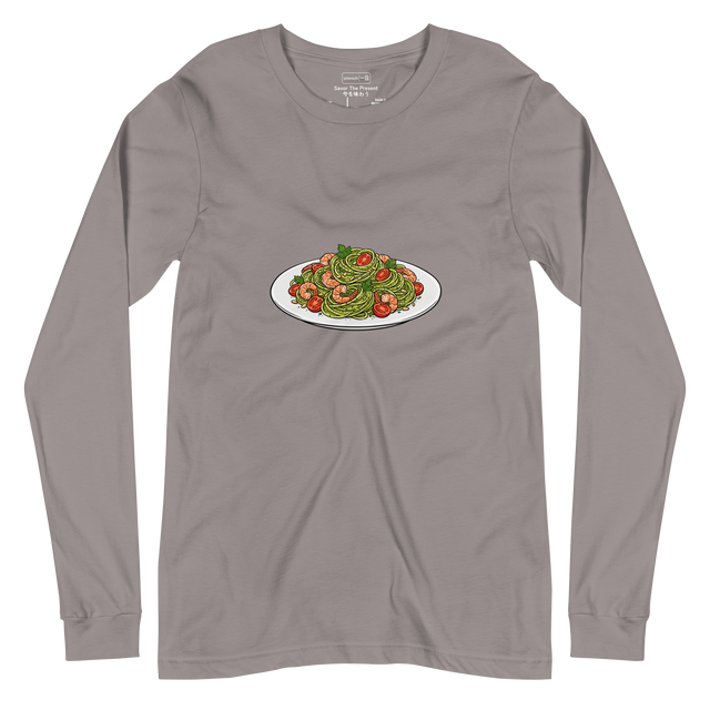A grey Long Sleeve T-Shirt featuring a clean paint brush illustration of vibrant pesto linguini with shrimp on a crisp plate.