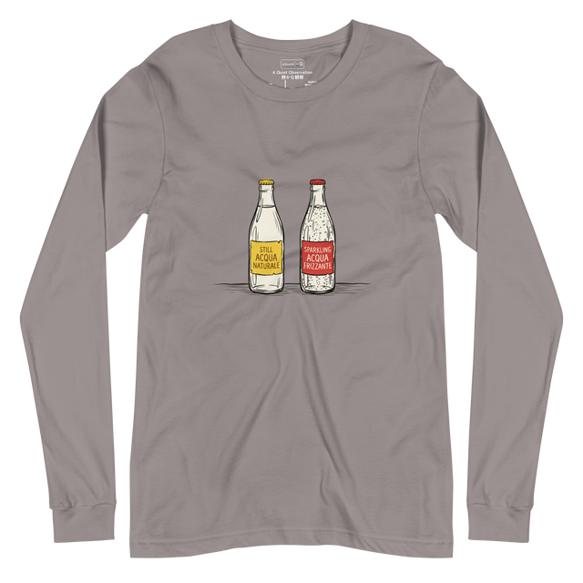 Clean paint brush illustration of still and sparkling water bottles on a café table, long sleeve t-shirt.