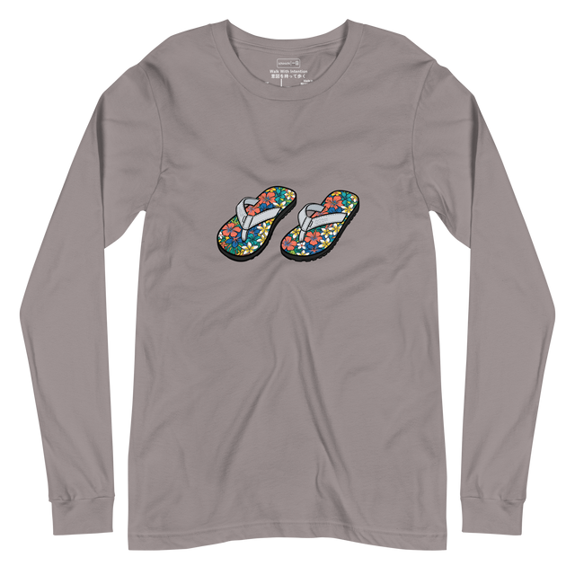 A minimalist brush pen illustration of a floral flip flop printed on a Long Sleeve T-Shirt.