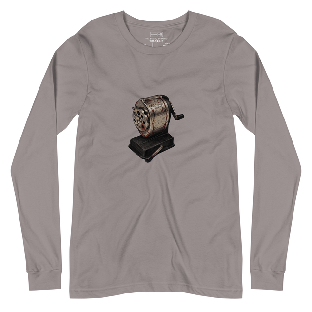 Cross-hatch ink illustration of a rusted mechanical pencil sharpener on a Long Sleeve T-Shirt.