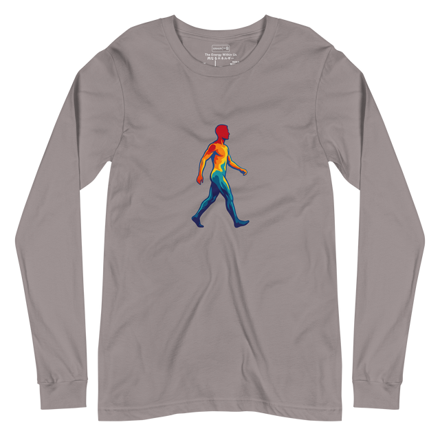 Long Sleeve T-Shirt showing a vibrant thermal scan silhouette mapped in clean paint brush lines of red, yellow, and deep blue.