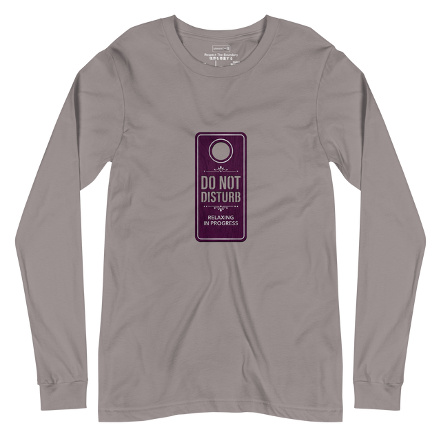 Long Sleeve T-Shirt featuring a deep purple minimalist hotel door hanger with silver stark typography and a clean die-cut hole.