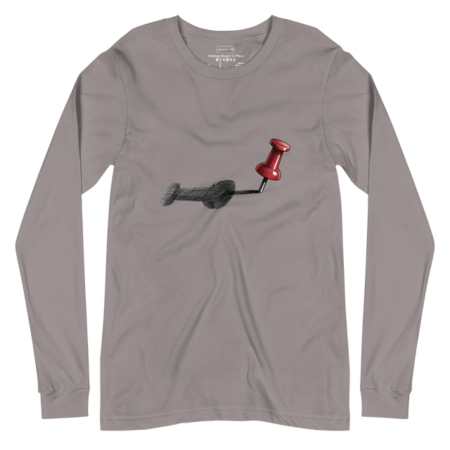 Descriptive graphic of a red thumbtack casting a long shadow in cross-hatch ink on a Long Sleeve T-Shirt.