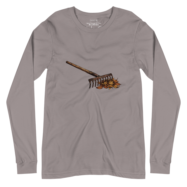 Cross-hatch ink and colored pencil illustration of a well-used rake and fall leaves on a Long Sleeve T-Shirt.