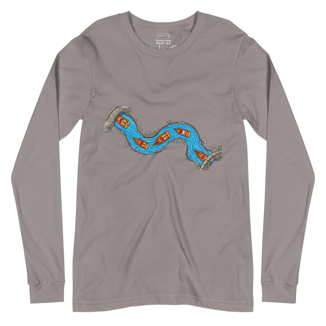 Aerial marker line art of miniature sushi boats navigating a bright blue river stream on a long sleeve t-shirt.