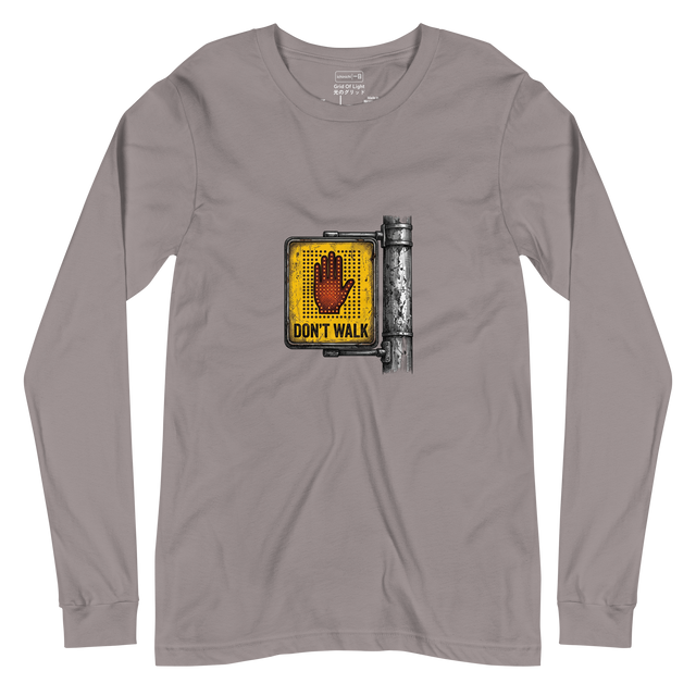 Cross-hatch ink illustration of a rusted yellow digital sign featuring an LED light grid forming a reddish-orange hand on a Long Sleeve T-Shirt.