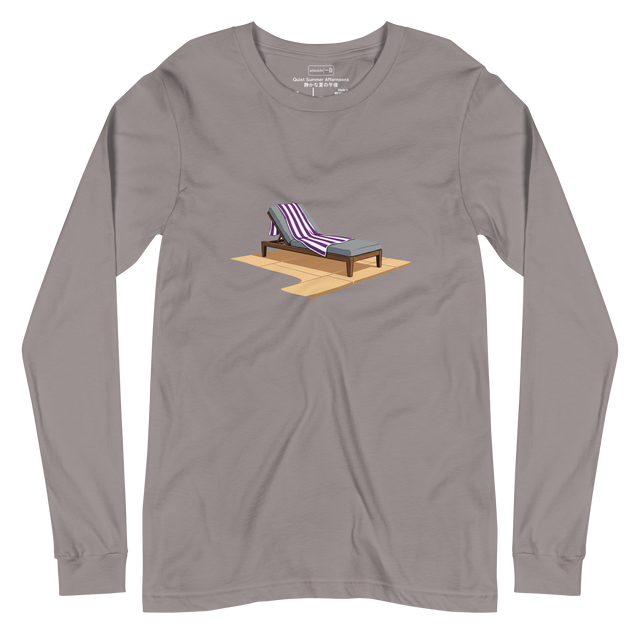 A long sleeve t-shirt featuring a painted graphic of a lounge chair with a striped towel next to a pool.