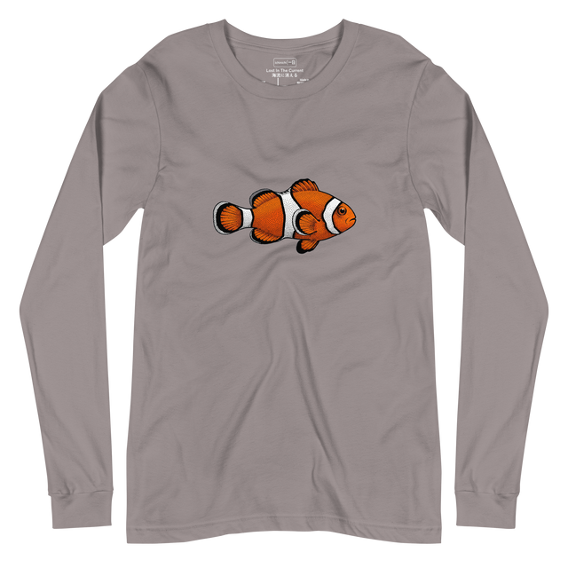 A minimalist unisex long sleeve t-shirt featuring a vibrant orange and white clown fish rendered in a bold stippling dot pattern.