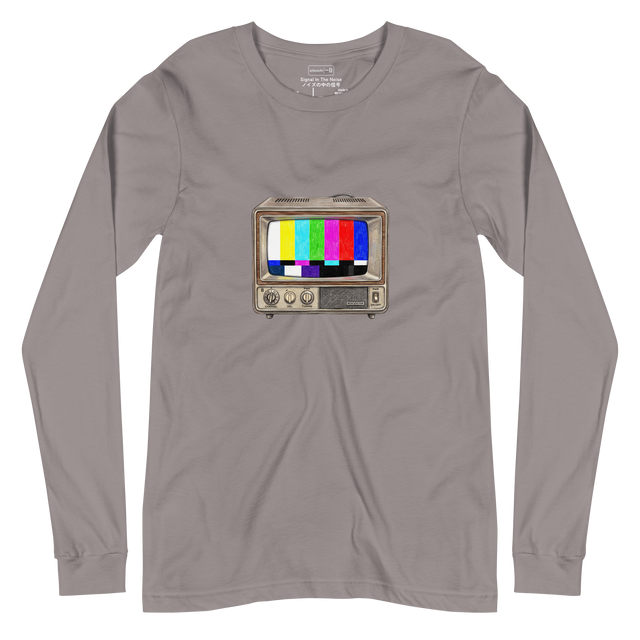 Long Sleeve T-Shirt featuring a vintage television set displaying a classic color bar test pattern rendered in colored pencil.