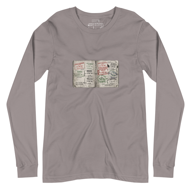 Hand-drawn color pencil illustration of faded passport visa stamps on a Long Sleeve T-Shirt