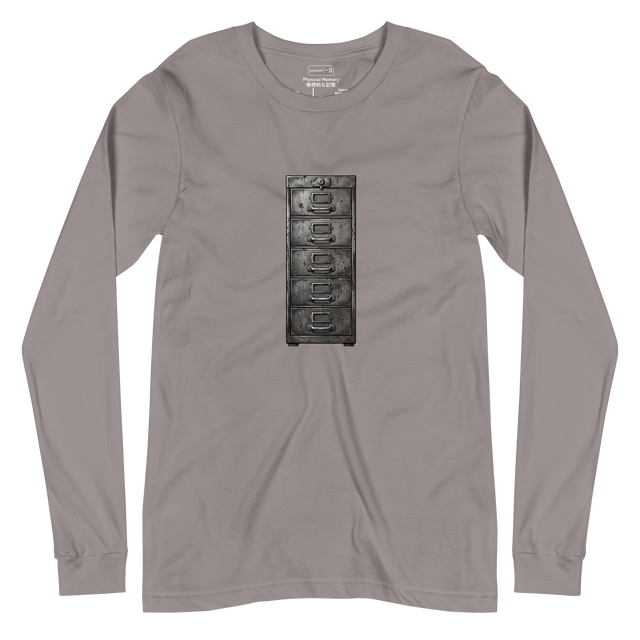 Cross-hatch ink illustration of a rusted vintage metal filing cabinet printed on a minimalist Long Sleeve T-Shirt.
