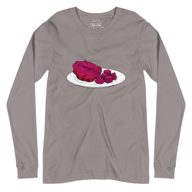 Stippled illustration of a sliced dragon fruit on a white plate, deep red center, long sleeve t-shirt.