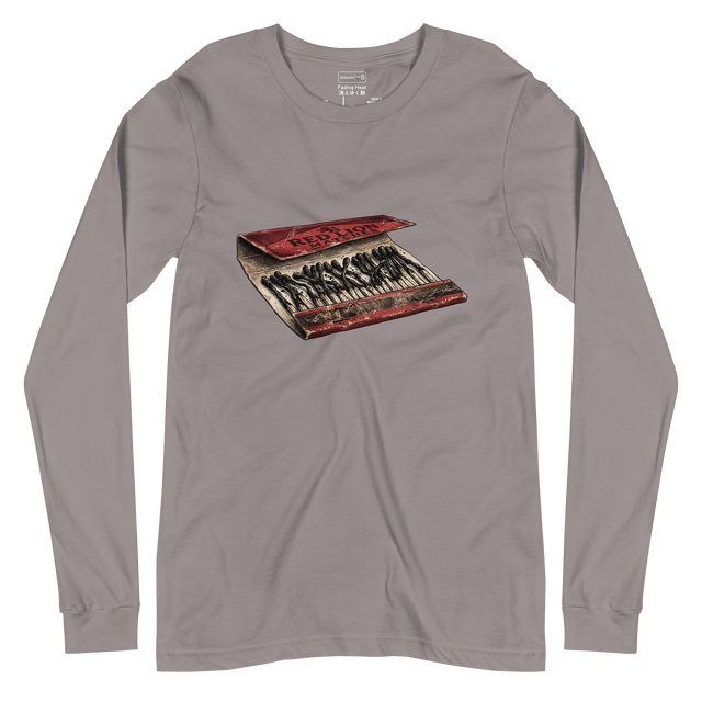 Detailed cross-hatch ink illustration of an open paper matchbook with charred paper matches printed on a Long Sleeve T-Shirt.