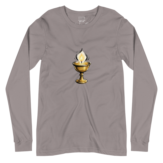 Minimalist ink wash illustration of a glowing Buddhist butter lamp in gold and yellow on a long sleeve t-shirt