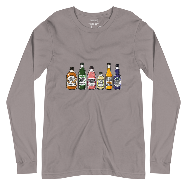 Graphic of multiple colorful kombucha bottles in brush pen style on a Long Sleeve T-Shirt.